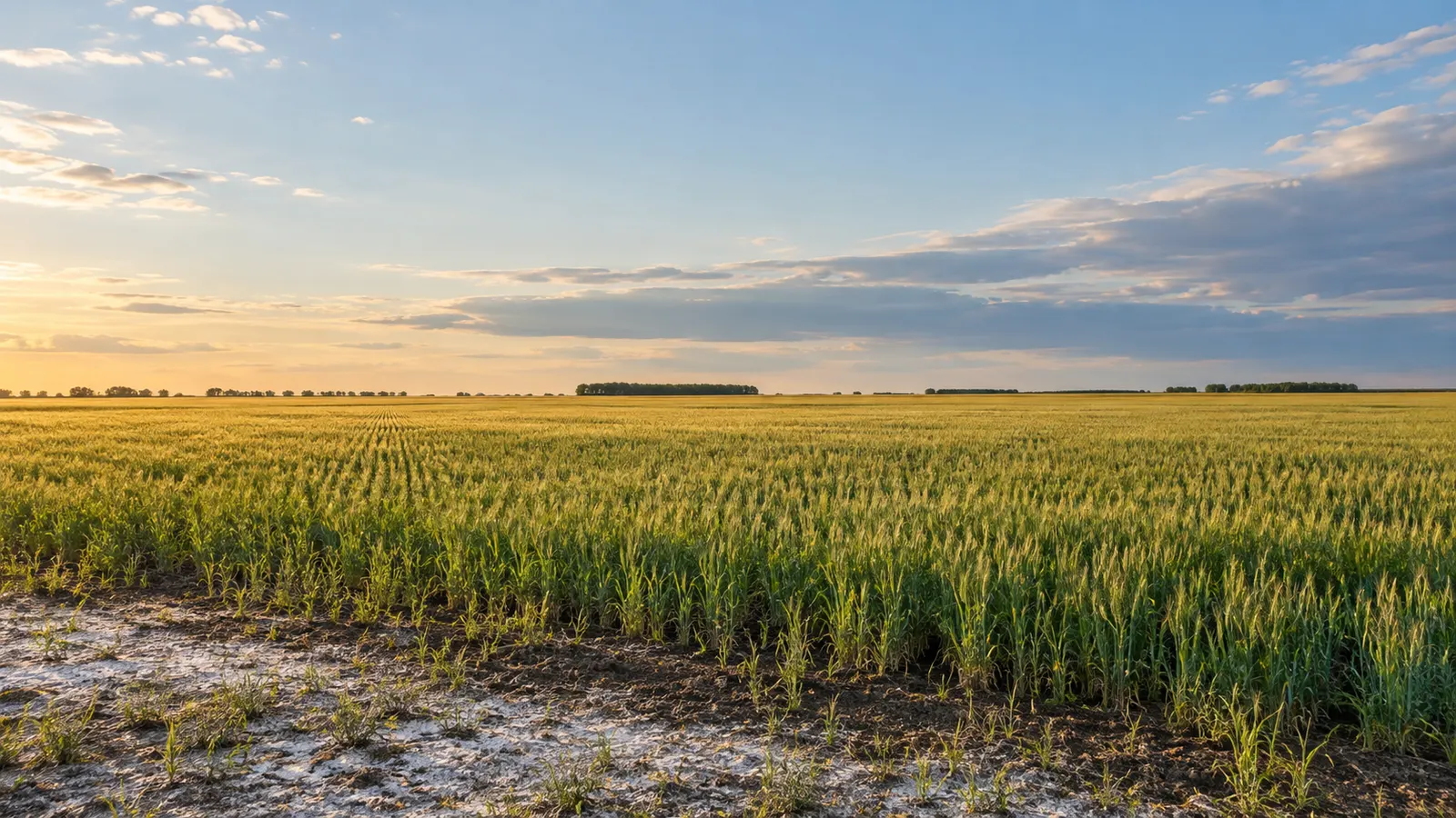 A Manitoba prairie cereal field at sunset, with a pale salt-affected bare patch in the foreground soil.
